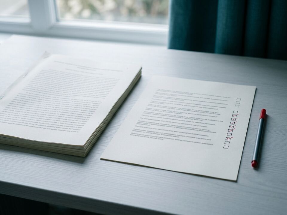 A printed manuscript beside a reporting checklist ticked in red pen