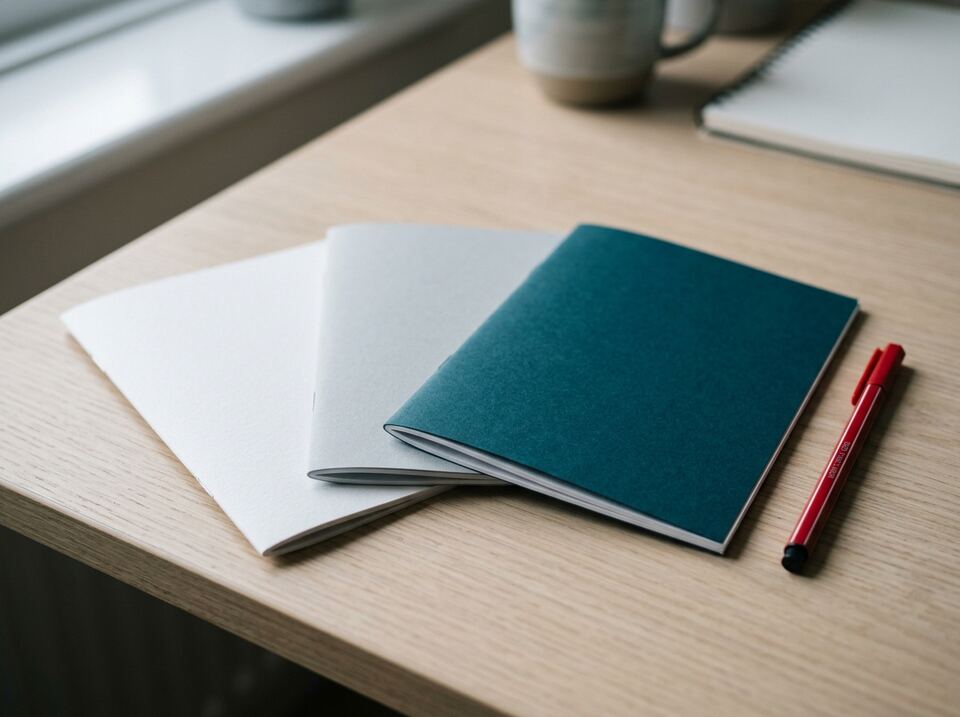 Three printed guides fanned on a desk beside a red pen
