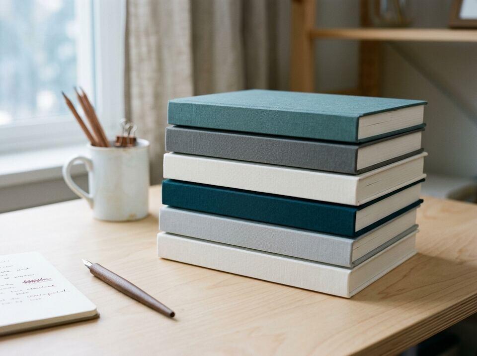A stack of bound academic journals on a desk