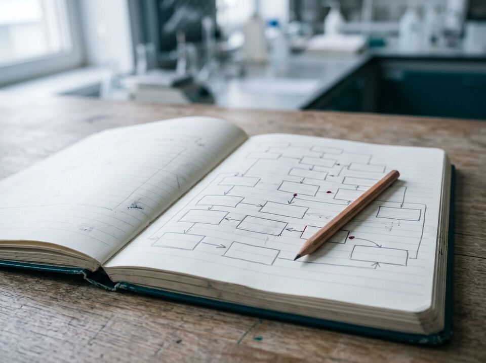 An open lab notebook with a hand-drawn study flow diagram