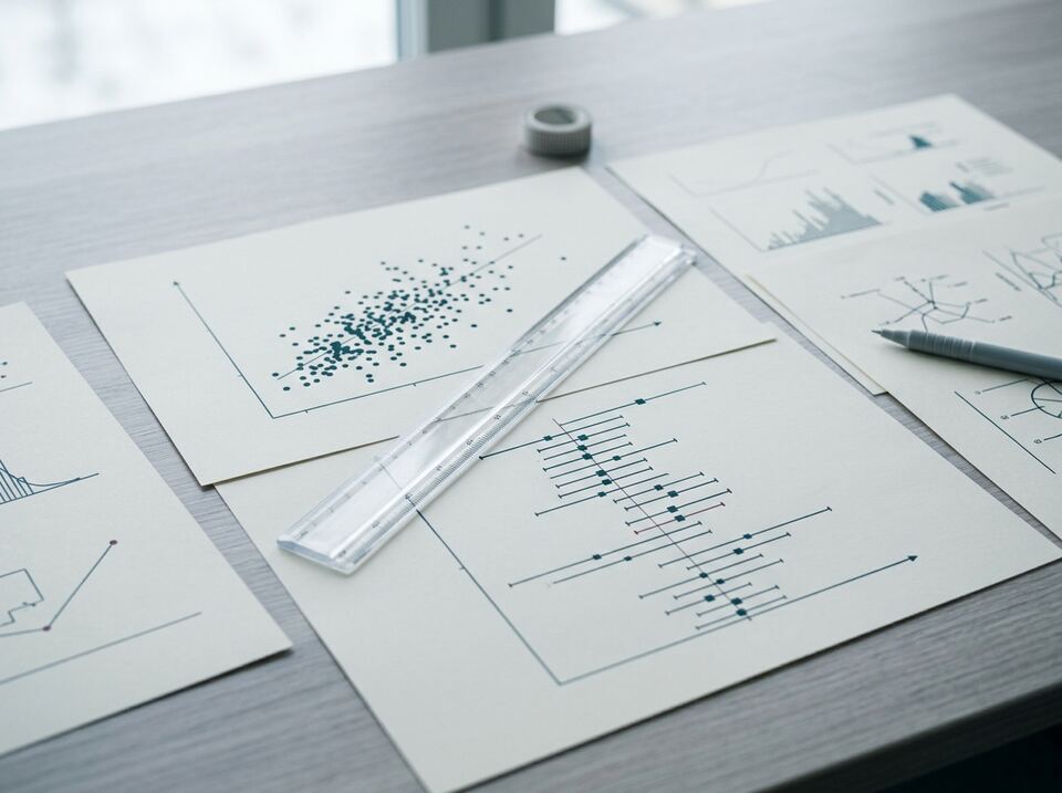 Printed scatter and forest plots on a desk with a ruler