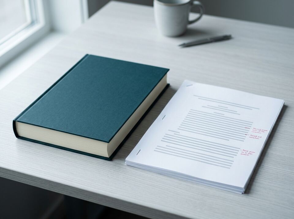 A hardbound thesis beside a short printed article manuscript