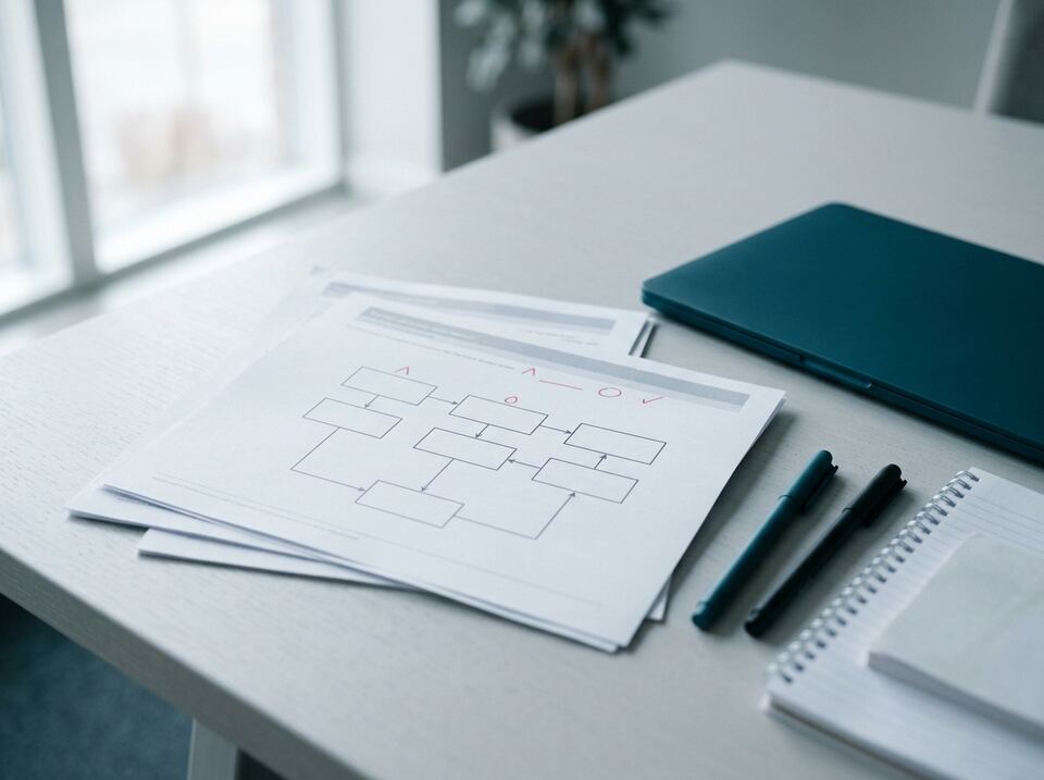 Workshop handouts with a study flow diagram on a seminar table