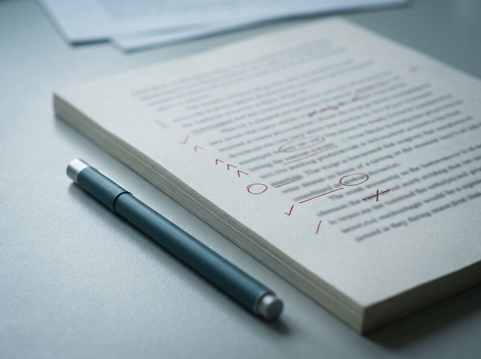 A printed manuscript marked with red proofreading symbols beside a pen